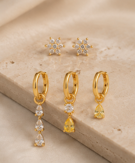 Luxe Bloom 5-Piece Gold Earring Set | Zircon Drop & Stud Earrings