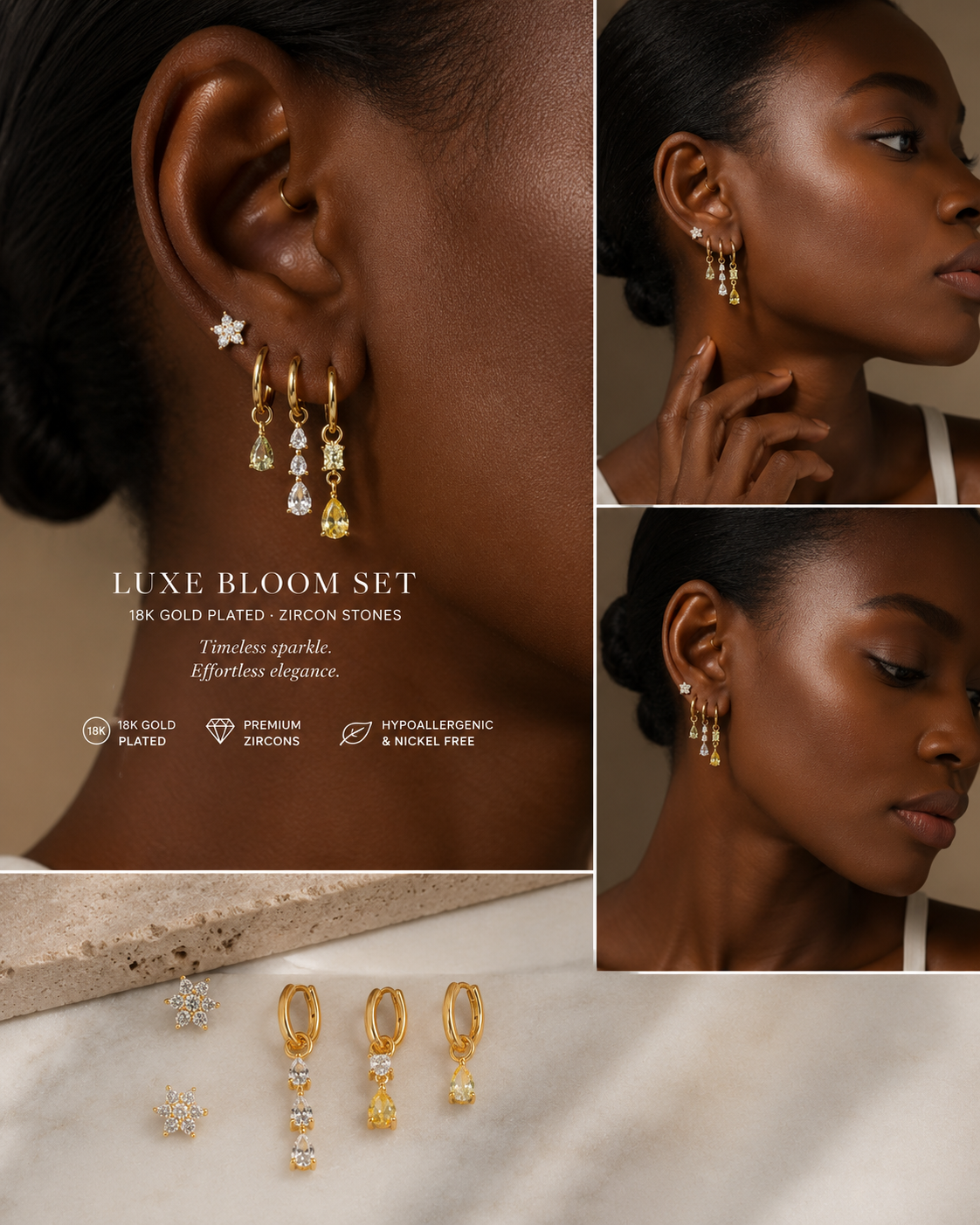 Luxe Bloom 5-Piece Gold Earring Set | Zircon Drop & Stud Earrings